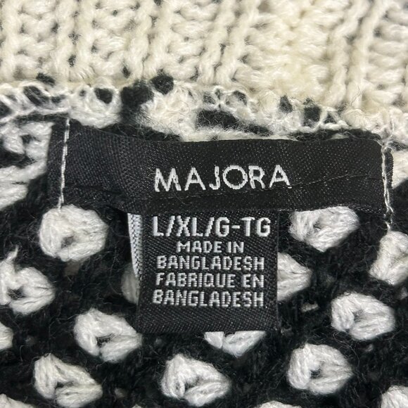 Loose High Neck Fringed Knit Black White Poncho Cape - Picture 6 of 7